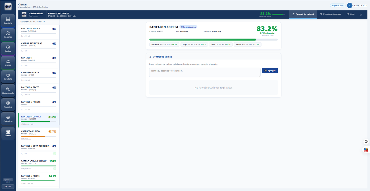 Portal del cliente en Puntada mostrando avance de producción y control de calidad